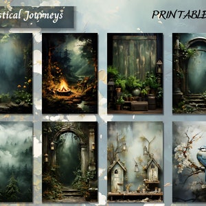 May include: A set of six printable digital backgrounds featuring mystical forest scenes. The images include a foggy forest path, a campfire in the woods, a wooden door with greenery, an arched doorway with vines, a foggy forest with trees, and a bird perched on a branch with white blossoms.