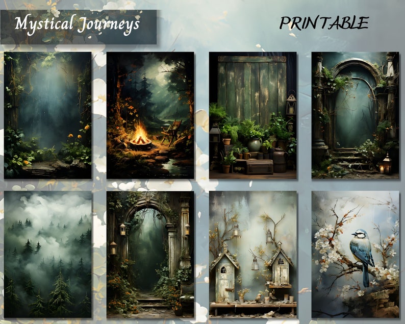 May include: A set of six printable digital backgrounds featuring mystical forest scenes. The images include a foggy forest path, a campfire in the woods, a wooden door with greenery, an arched doorway with vines, a foggy forest with trees, and a bird perched on a branch with white blossoms.