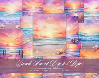 Sunset Over the Beach Digitaal papier, Shabby Chic Afdrukbare Ephemera, Ocean Pink Sky Scrapbooking Collageblad, Achtergrond Mixed Media Pagina's