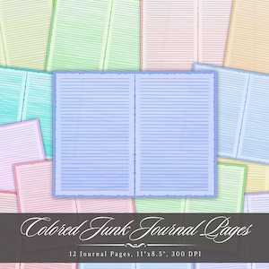 Farbige Junk Journal Seiten, farbig linierte Schreibseite druckbare Ephemera, Scrapbooking Collage Sheet, Hintergrund Vintage Mixed Media Papier