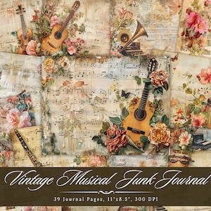 Vintage Musical Junk Journal Paper, Digital Old Music Sheet, Musical Instrument Floral Collage, Printable Scrapbooking Ephemera, Mixed Media