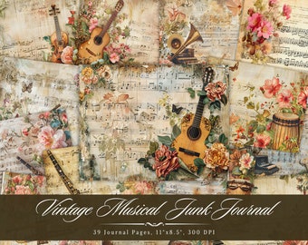 Vintage Musical Junk Journal Paper, Digital Old Music Sheet, Musical Instrument Floral Collage, Printable Scrapbooking Ephemera, Mixed Media