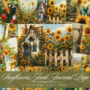 Sunflowers Junk Journal Page, Vintage Floral Printable Ephemera, Botanical Yellow Flower Scrapbook Collage Sheet, Spring Background Page ATC