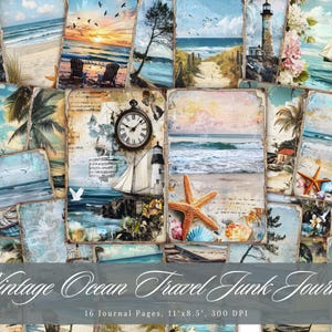 Diario de viaje vintage con temática oceánica, efímera imprimible de playa y mar, hoja de collage de álbumes de recortes con arena y agua vintage, técnica mixta de fondo