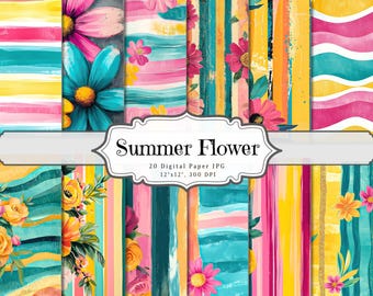 Summer Flower Digital Papers, Boho Hip Floral Printable Ephemera, Colorful Scrapbooking Collage Sheet, Background Mixed Media Pages ATC