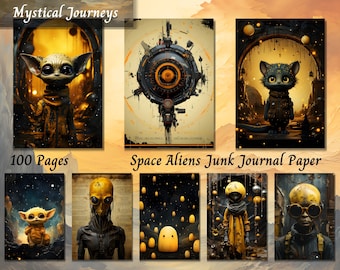 Space Aliens Junk Journal Paper, Printable Ephemera, Alien Collage, Mixed Media Journal Kit