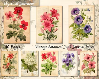 Páginas de diario botánico de primavera, papel digital floral vintage, efímeros imprimibles y kit de álbum de recortes de naturaleza