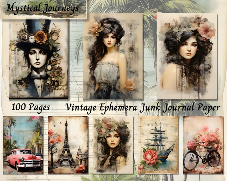 Vintage Junk Journal Ephemera Pack | PNG Digital Scrapbook Kit, Borders ...