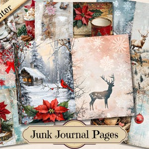 Winter Junk Journal Kit Paper, Christmas Snow Printable Ephemera, Snowman Reindeer Scrapbook Collage Sheet, Background Mixed Media Page ATC