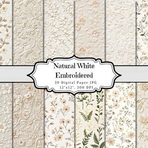Natural White Embroidered Junk Journal, Beige Floral Printable Ephemera Paper, Vintage Scrapbook Collage, Digital Background Mixed Paper