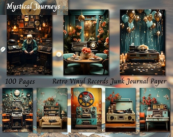 Può includere: Un collage di immagini che presenta un giradischi vintage, una stanza piena di dischi e orologi, e una stanza con un giradischi e palloncini. Il testo "Mystical Journeys" e "100 Pages" è visibile nell'immagine. L'immagine è una rappresentazione visiva di un pacchetto di carta per diario di scarto.