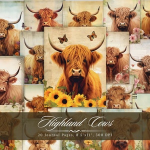 Zestaw papieru dziennika Highland Cow Junk, technika mieszana, drukowany dziennik, artykuły do kolażu scrapbookingowego, karty ATC, strona do wycinania
