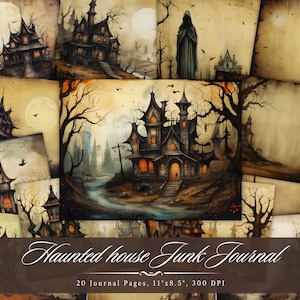 Haunted House Junk Journal Pages, Vintage Halloween Printable Ephemera, Spooky Witchy Scrapbook Collage Sheet, Dark Background Mixed Media