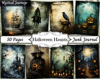 Halloween Haunts Junk Journal Paper Kit - Spooky Watercolor Shabby Chic Ephemera & Digital Backgrounds - Printable Vintage Scrapbook Collage