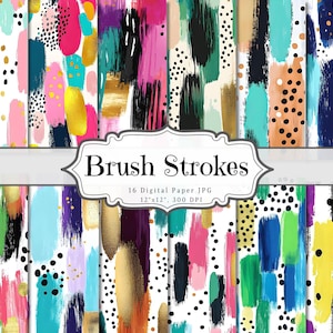 May include: Digital paper pack with vibrant brush strokes in shades of pink, teal, gold, and black. The text "Brush Strokes" is displayed on a white banner. The pack includes 16 digital papers, each 30.48cm x 30.48cm at 300 DPI.