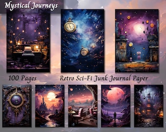 Retro Sci-Fi Junk Journal Pages, Vintage Space Ephemera Kit, A4 Scrapbook Collage Papers