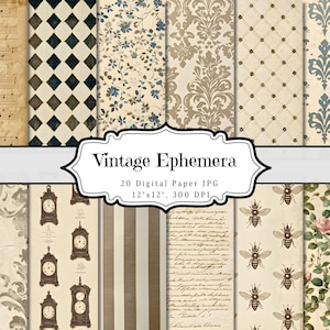 Vintage Ephemera Digital Paper, Beige Old Junk Journal Page, Floral Pattern Printable Ephemera, Scrapbooking Collage Sheet, Background ATC