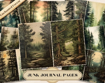 Pagine di diario "Enchanted Forest Junk", effimeri stampabili vintage ambientati nel bosco, carta per album di ritagli naturalistici, fogli per collage di foresta acquerellata