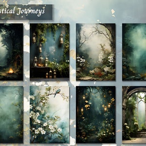 May include: A collection of six digital backgrounds featuring mystical forest scenes with fog, trees, and light. The backgrounds are perfect for creating fantasy or fairytale-themed designs.