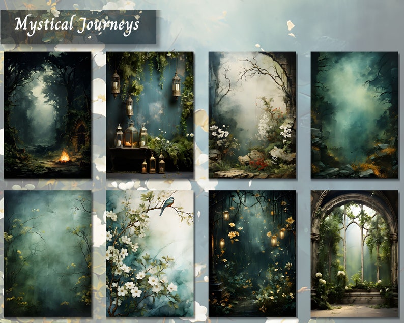 May include: A collection of six digital backgrounds featuring mystical forest scenes with fog, trees, and light. The backgrounds are perfect for creating fantasy or fairytale-themed designs.