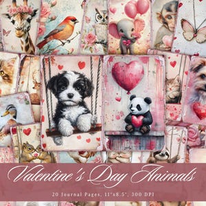 Diario di San Valentino con animali, carta effimera vintage stampabile, foglio collage per scrapbooking shabby chic con cuori, pagine di sfondo