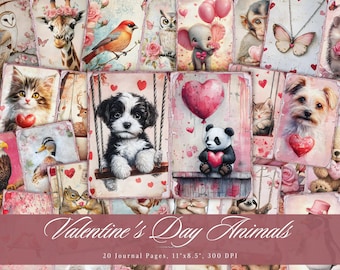 Könnte beinhalten: Eine Collage aus 20 digitalen Journalseiten mit niedlichen Tieren zum Thema Valentinstag. Die Seiten zeigen eine Vielzahl von Tieren, wie eine Katze, einen Hund, einen Panda, eine Giraffe, einen Vogel, einen Schmetterling und ein Eichhörnchen. Die Seiten sind mit Herzen, Blumen und anderen Valentinstagsmotiven verziert. Die Seiten sind zum Ausdrucken und Verwenden in einem Journal oder einem Sammelalbum gedacht.