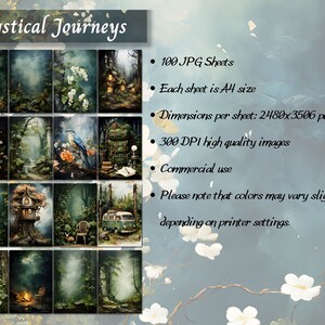 May include: A digital download of 100 high-quality JPG images featuring mystical forest scenes. Each image is 2480x3506 pixels and 300 DPI, suitable for printing on A4 paper. The images are for commercial use.