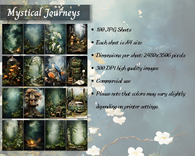 May include: A digital download of 100 high-quality JPG images featuring mystical forest scenes. Each image is 2480x3506 pixels and 300 DPI, suitable for printing on A4 paper. The images are for commercial use.