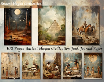 May include: 100 pages of digital paper featuring images of ancient Mayan civilization. The images include a pyramid, a jungle scene, a man walking in a desert, and people in traditional clothing.