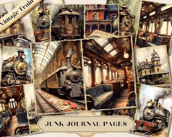 May include: Vintage train collage with images of steam locomotives, train interiors, and train stations. The collage is made up of 10 images with a title that reads "JUNK JOURNAL PAGES".