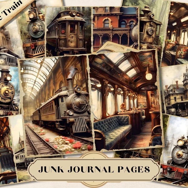 Vintage Train Junk Journal Kit, Printable Ephemera Pages, Shabby Chic, Scrapbooking Collage, Homemade Digital Journaling, ATC Card Fussy Cut