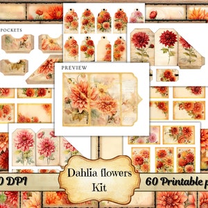 Puede incluir: Un kit digital imprimible con 60 páginas de ilustraciones vintage de flores de dalia en tonos naranja, amarillo y rosa. El kit incluye bolsillos, etiquetas y otros elementos decorativos. El texto "Dahlia flowers Kit" y "300 DPI" es visible en la imagen.