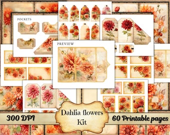 Dahlia Flower Junk Journal Kit, Digital Paper Pack for Scrapbooking & Decoupage, Floral Printable Crafts, Vintage Paper Digital Download JPG