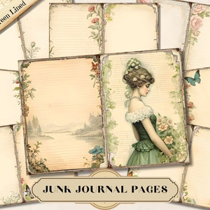 Shabby Green Lined Paper Junk Journal, Vintage Journaling Printable Ephemera, Wildflower Scrapbook Collage Sheet, Background Mixed Media