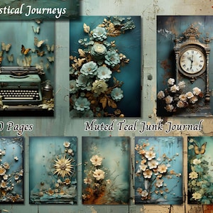 Muted Teal Junk Journal Paper, Floral Shabby Chic Printable Ephemera, Watercolor Flower Vintage Scrapbook Collage Sheet, Background Page ATC