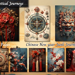 Diario di Capodanno cinese, carta effimera stampabile asiatica, foglio di collage di scrapbooking floreale vintage, pagine di sfondo con tecniche miste ATC