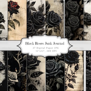 Black Roses Junk Journal Kit, Emo Dark Flower Printable Ephemera, Vintage Gothic Scrapbooking Cards, Floral Background Pages Collage Sheets