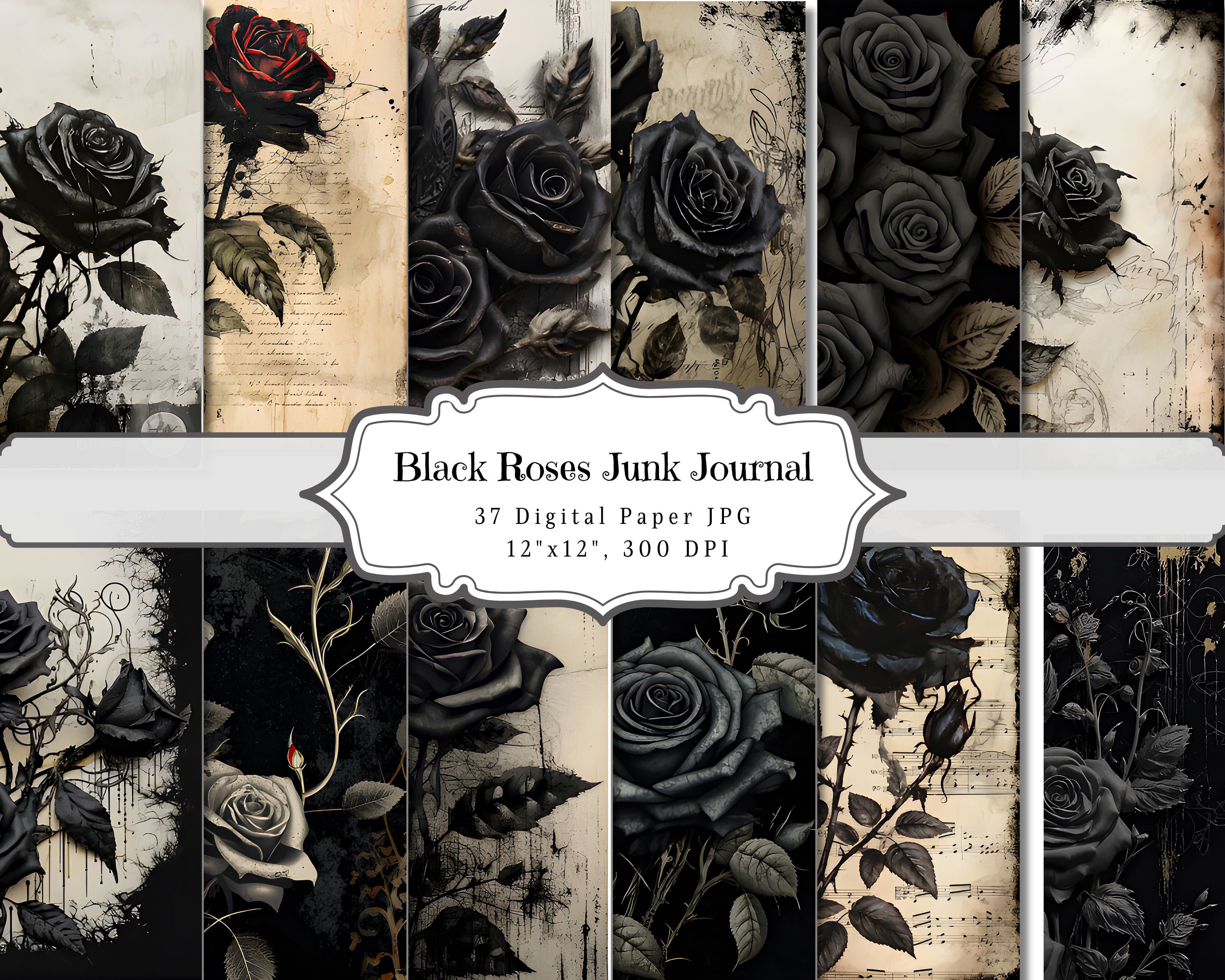 Black Roses Junk Journal Kit, Emo Dark Flower Printable