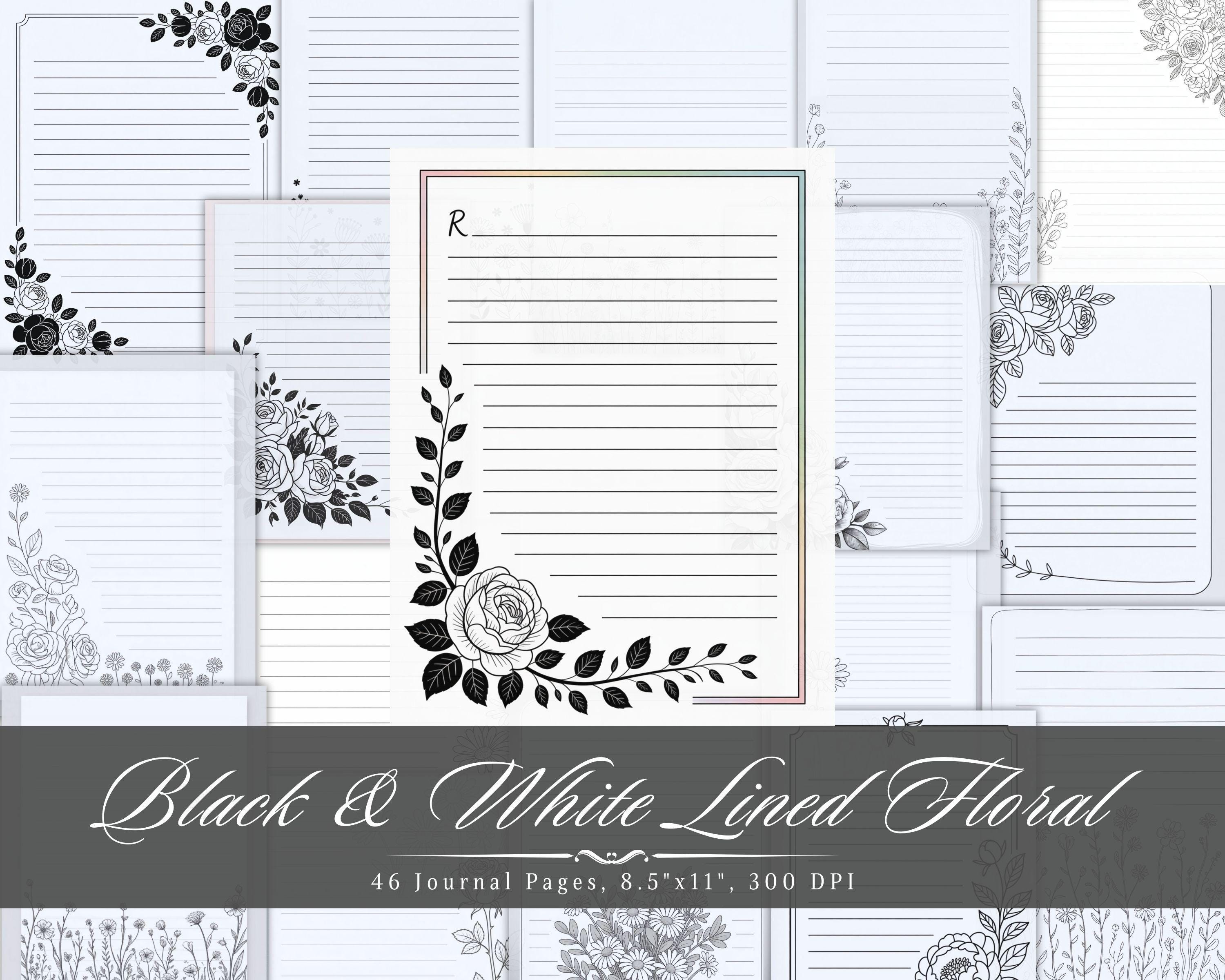 Black and White Lined Floral Paper Junk Journal Kit • 46 Printable ...