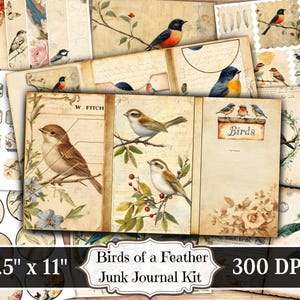 Diario spazzatura Birds of a Feather, pagina di effimeri stampabili con animali floreali, foglio di collage per scrapbooking vintage, carta per tecniche miste di sfondo ATC