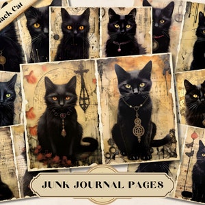 Pagine del diario spazzatura gatto nero, taglio pignolo stampabile gattino, media misti digitali, kit di journaling effimero, collage di scrapbooking, carte ATC JPG
