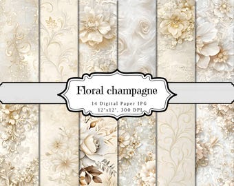 Dziennik kwiatowy z motywem szampańskiego śmiecia, cyfrowy papier w stylu vintage z koronkowymi kwiatami, beżowe, shabby chic, drukowane efemerydy, do scrapbookingu