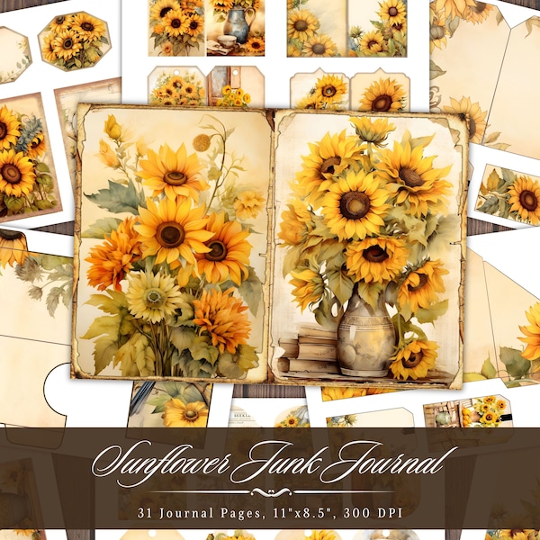 Sunflowers Watercolor Junk Journal, Floral Printable Ephemera Page, Yellow Flower Scrapbooking Collage Sheet, Background Mixed Media Paper