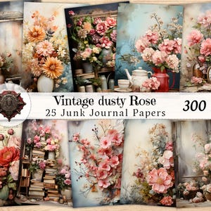 Weiches Dusty Rose Rosa Blumenpapier, Vintage Blumen Junk Journal Kit, Shabby Chic Scrapbook Seiten, druckbare Ephemera Collage, Media ATC Karten