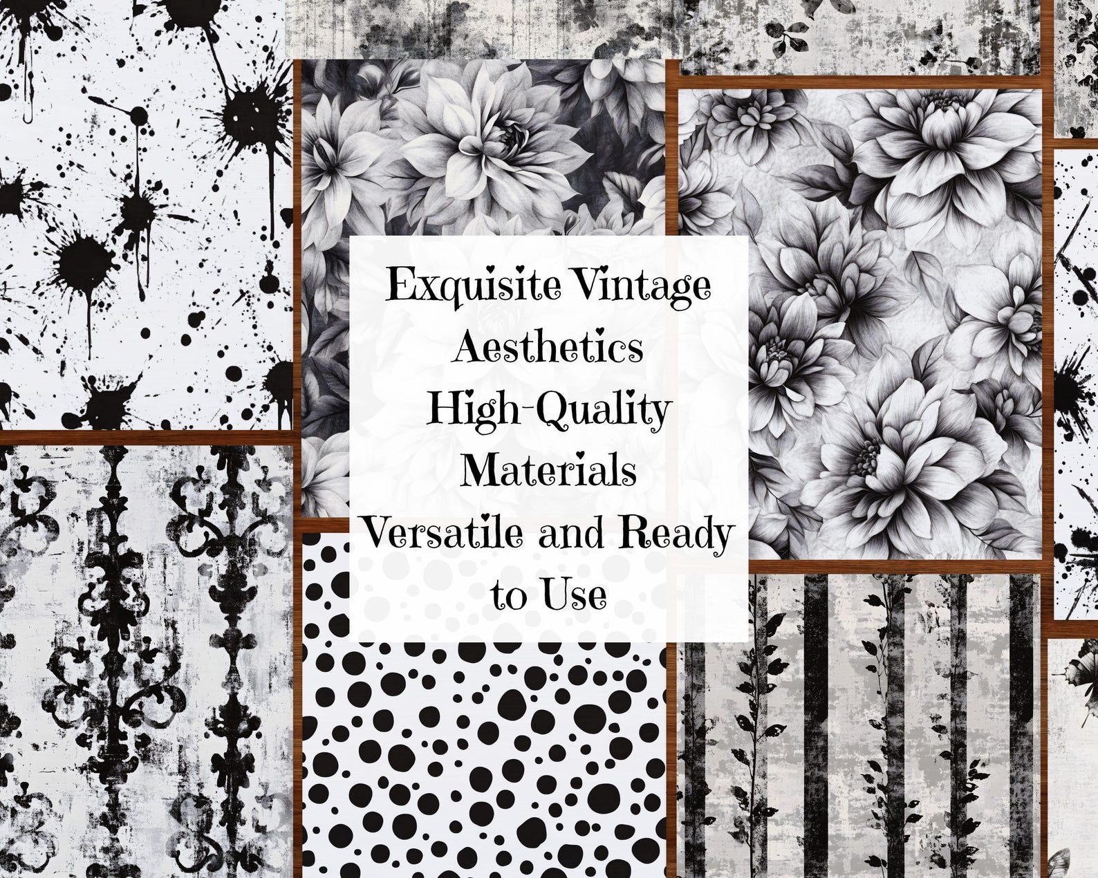 Black and White Shabby Junk Journal, Patterned Paper Printable Ephemera ...
