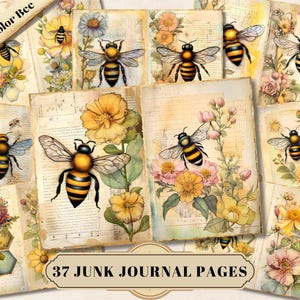 Watercolor Bee Junk Journal Pages, Honey Bees Printable Ephemera, Vintage Honeycomb Collage Sheet, Floral Bee Digital Scrapbooking Paper