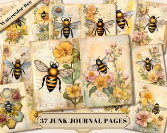 Watercolor Bee Junk Journal Pages, Honey Bees Printable Ephemera, Vintage Honeycomb Collage Sheet, Floral Bee Digital Scrapbooking Paper