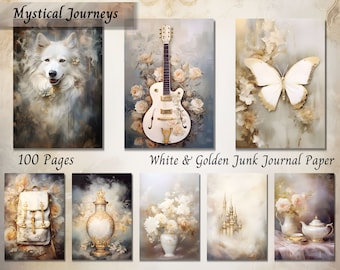 Papel digital para diario basura blanco y dorado, papel para decoupage, álbum de recortes, efímeras, vintage, collage.