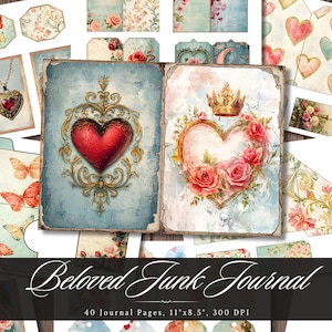 Papier pour carnet bien-aimé, éphémères imprimables pour la Saint-Valentin, feuille de collage scrapbooking coeurs d'amour vintage, pages de fond shabby chic