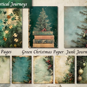 Green Christmas Junk Journal Paper, Xmas Winter Shabby Chic Pages, Winter Tree Printable Ephemera, Vintage Scrapbooking Collage Sheet ATC